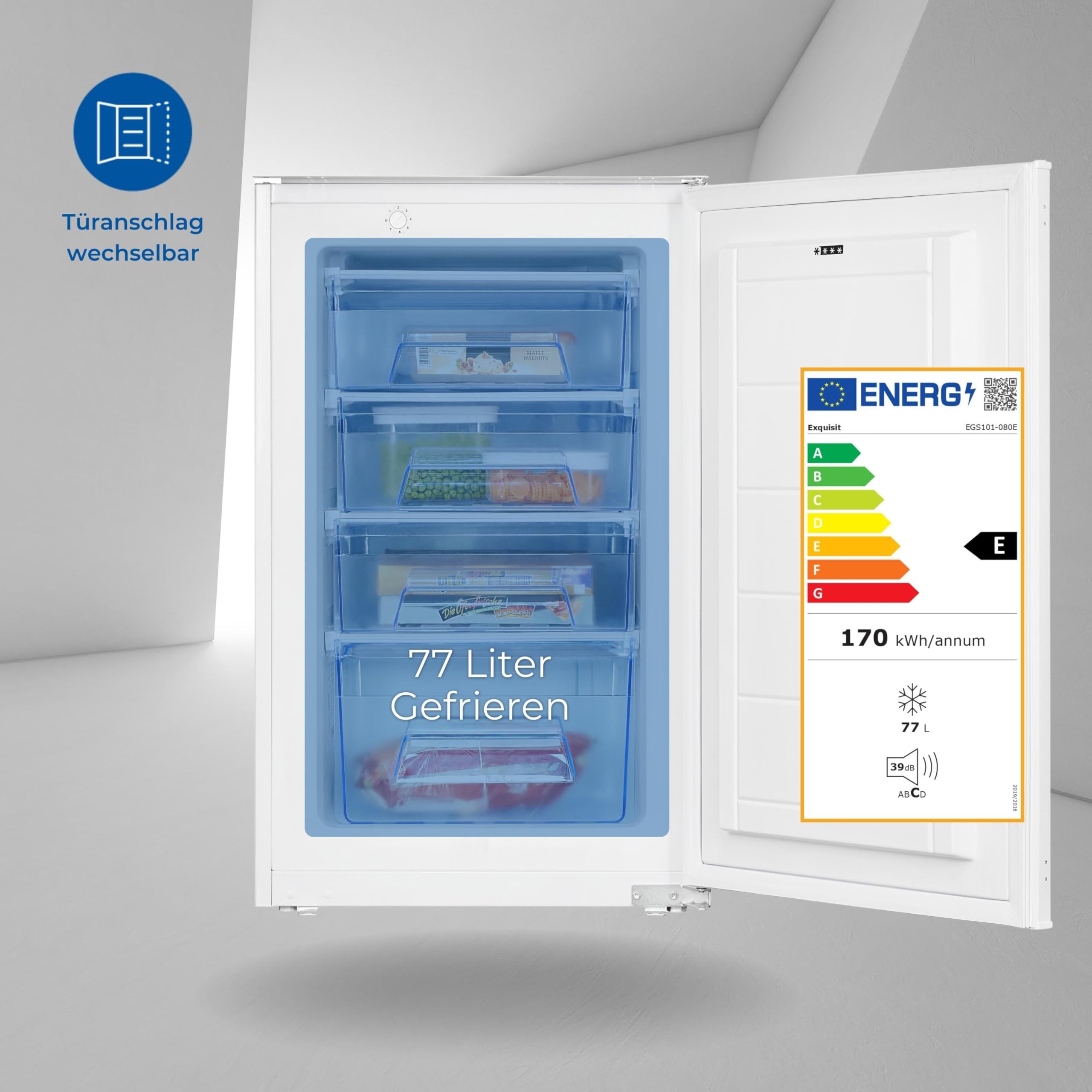 Exquisit Congelatore da incasso EGS101-080E | volume 77 l | congelatore da incasso alto 87 cm | fermo porta sostituibile | bianco