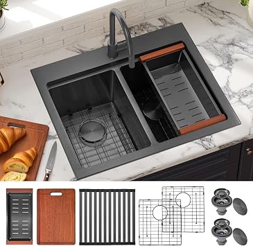 MILOSEN 28 Inch Black Double Bowl Kitchen Sink, Black Drop in 16 Gauge T304 Stainless Steel Sinks, Workstation Sink 50/50 Topmount Double Basin with Accessories, 10 Large and Deep Kitchen Sinks