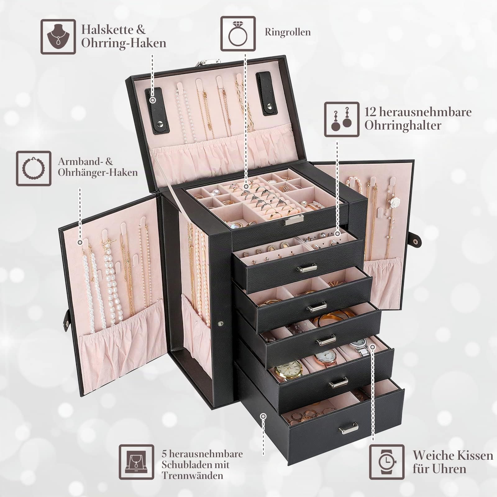 ProCase Große Schmuckkästchen, 6 Schichten Schmuckbox Schmuckkasten Schmuckschatulle, Schmuck Aufbewahrung Box mit Ohrringhalter Schubladen und Uhrenkissen, Jewelry Organizer Box -Schwarz