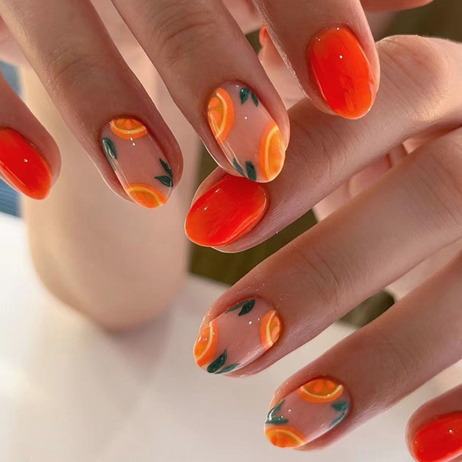 Summer Press on Nails Short Oval Fake Nails with Fruit Designs Cute Nails Press ons Glossy Glue on Nails Orange Full Cover Acrylic Nails Artificial