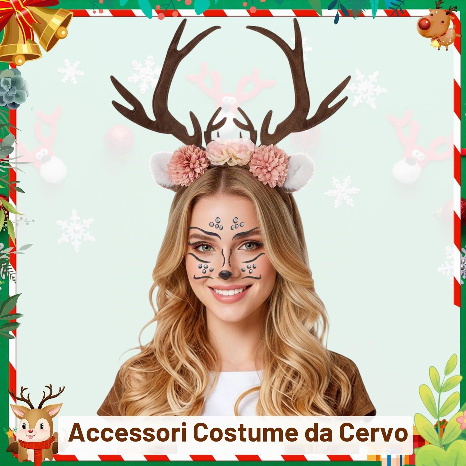 4 Pezzi Costume Renna Donna, Corna Cervo Cerchietto Renna Tatuaggi Temporanei Gonna Tulle Tutu Pinza Fiore, Costumi Natale Donna Costume Animale Adulto per Halloween Carnevale Natale Festa di Cosplay