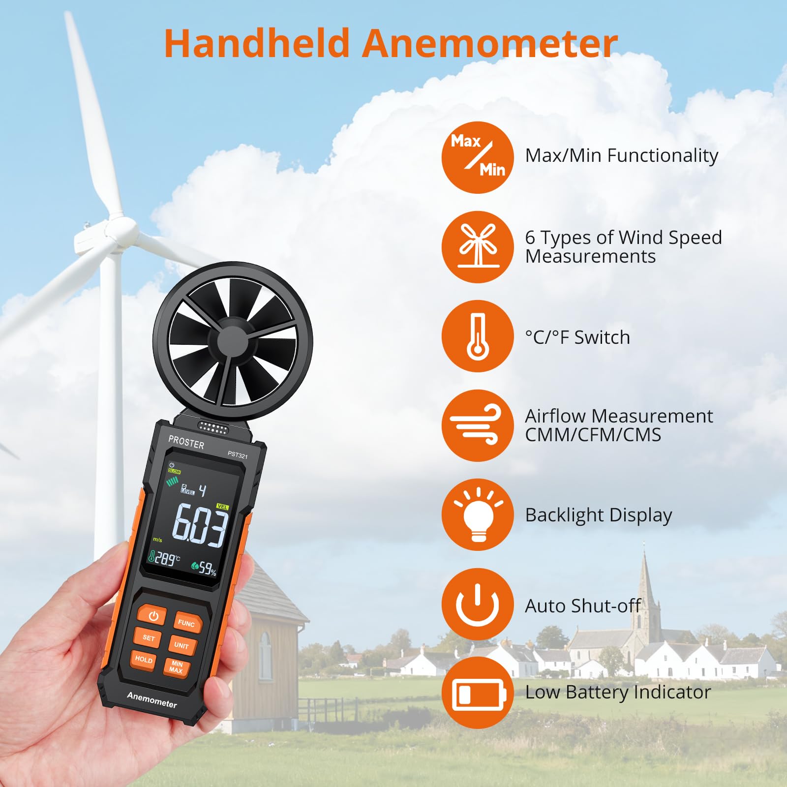 Proster Anemómetro Portátil Medidor de Velocidad del Viento Digital con CMM CFM Flujo de Aire y Temperatura
