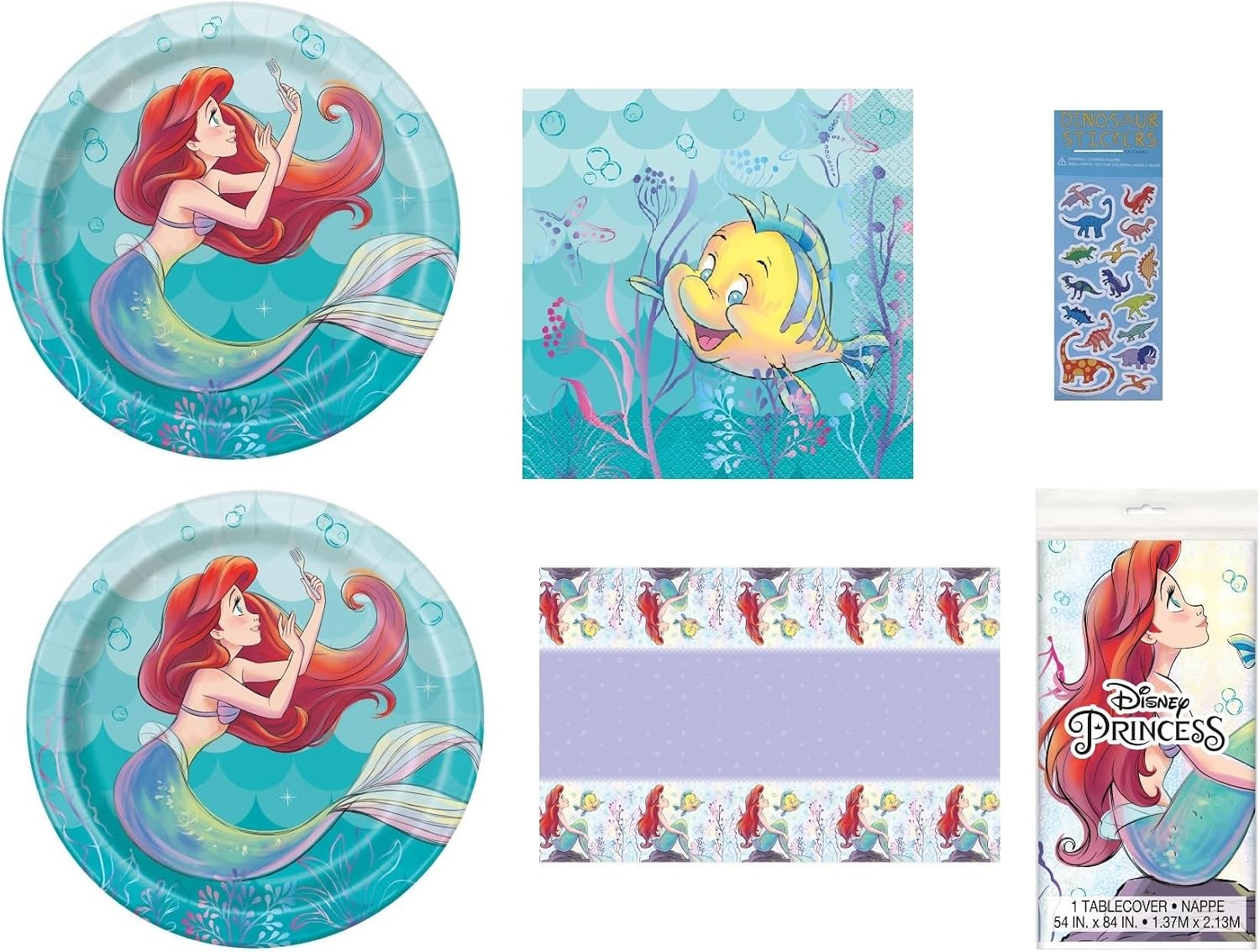 The Little Mermaid Ariel Birthday Party Supplies Bundle Pack includes 16 Dessert Cake Paper Plates, 16 Napkins, 1 Table Cover