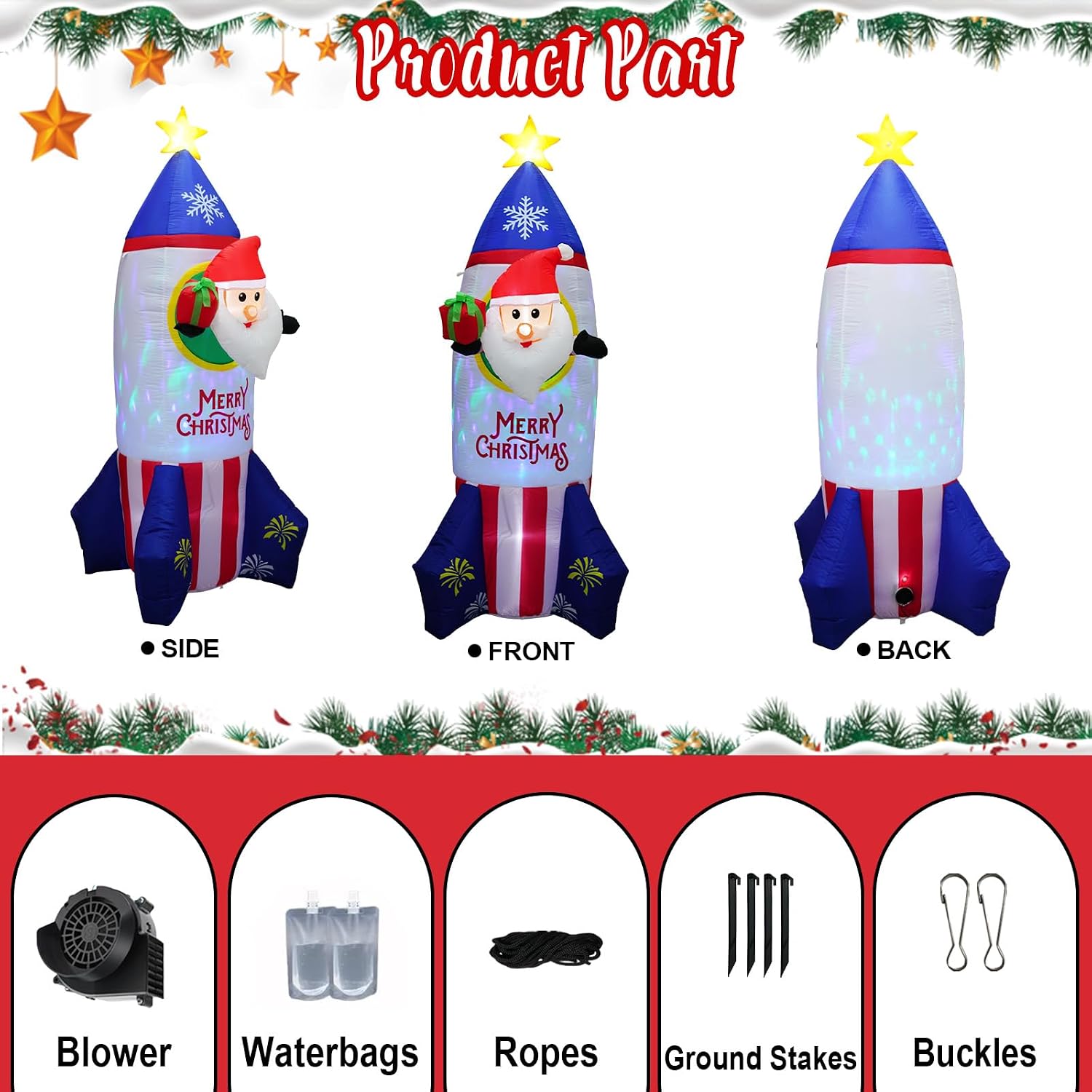 [Flash Light] 7.2 FT Christmas Inflatable Santa Ride Rocket Decorations, Christmas Blow up Yard Decoration Inflatable Rocket Built-in Colorful LED Lights for Christmas Decorations Xmas Gifts