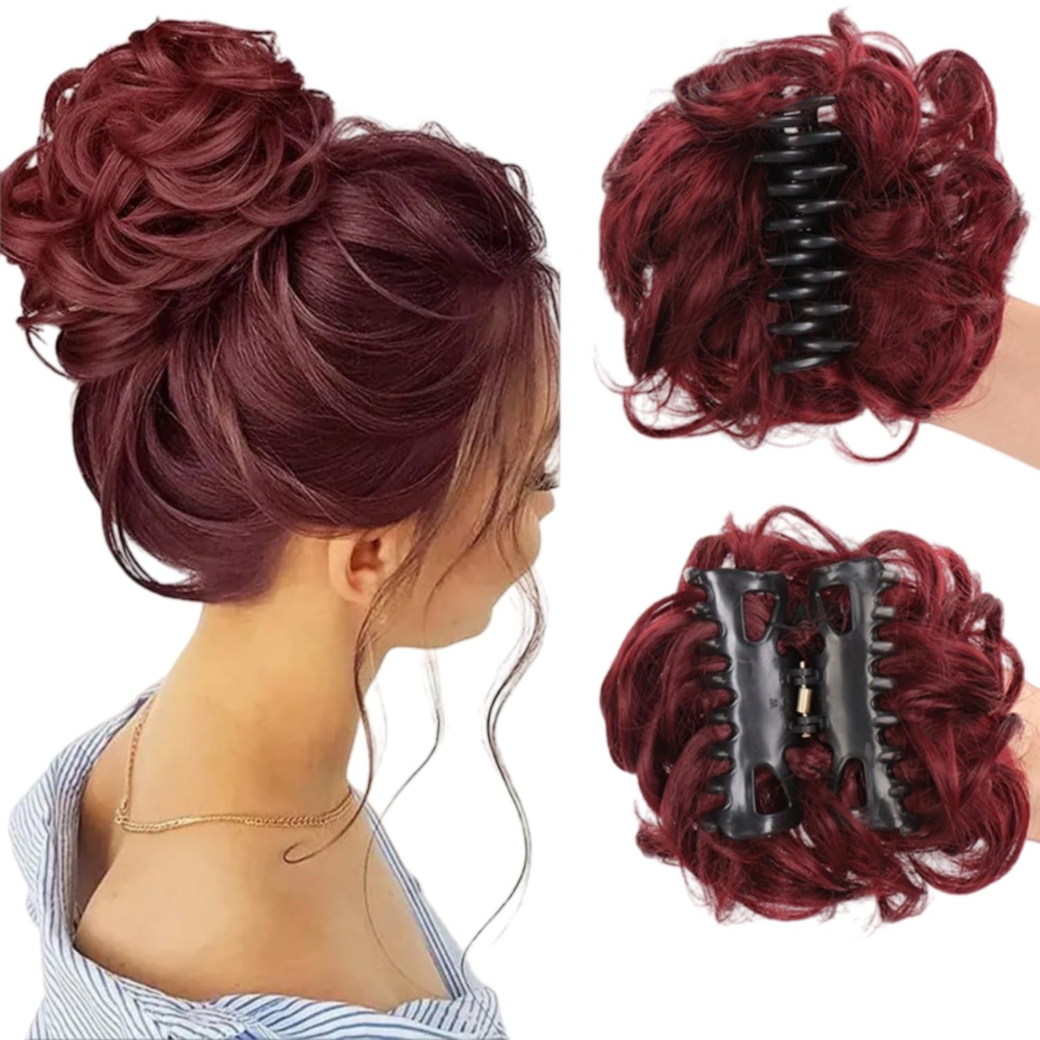 Photo 1 of Greenmirr Claw Clip Wavy Messy Bun - Wine Red