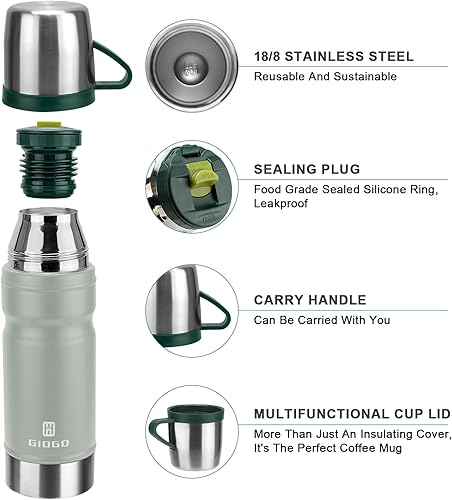 Miniatura 2 de Botella de agua con aislamiento al vacío Termo con taza 680ml/23oz Botellas de agua térmicas de acero inoxidable Termo para bebidas calientes y Gris