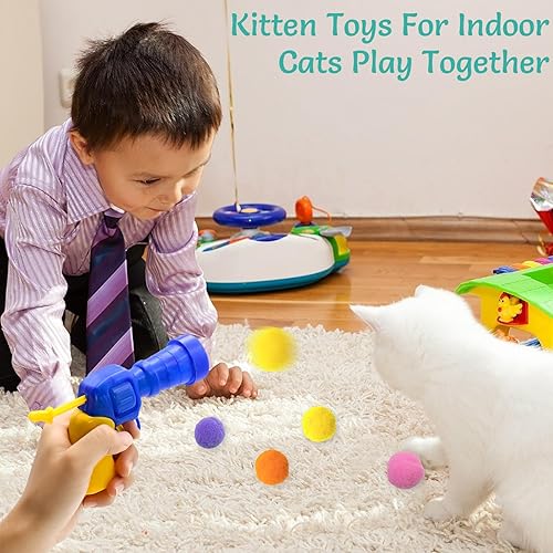 Miniatura 4 de Dexspoeny Lanzador de bolas de juguete para gatos, 100 bolas de pompones para gatos para jugar tú mismo, 3 bolas de plástico para gatos, juguetes