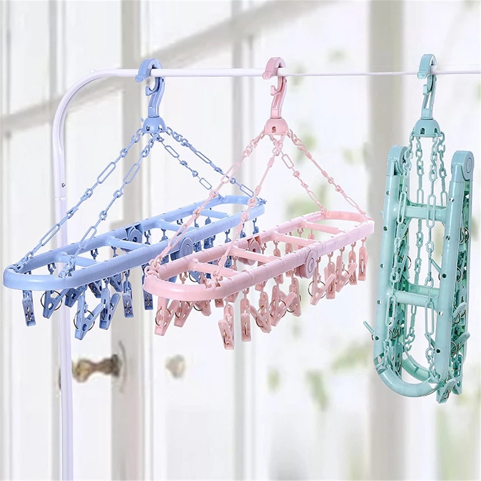 Unterwäsche Socken Rack Multifunktionaler 20 Clip Kleiderbügel Unterwäsche Wäscheklammer Socken Rack Abtropfgestell mit Haken für Socken (Farbe: Rosa, Größe: 63 x 31 cm) (Blau 63 x 31 cm)