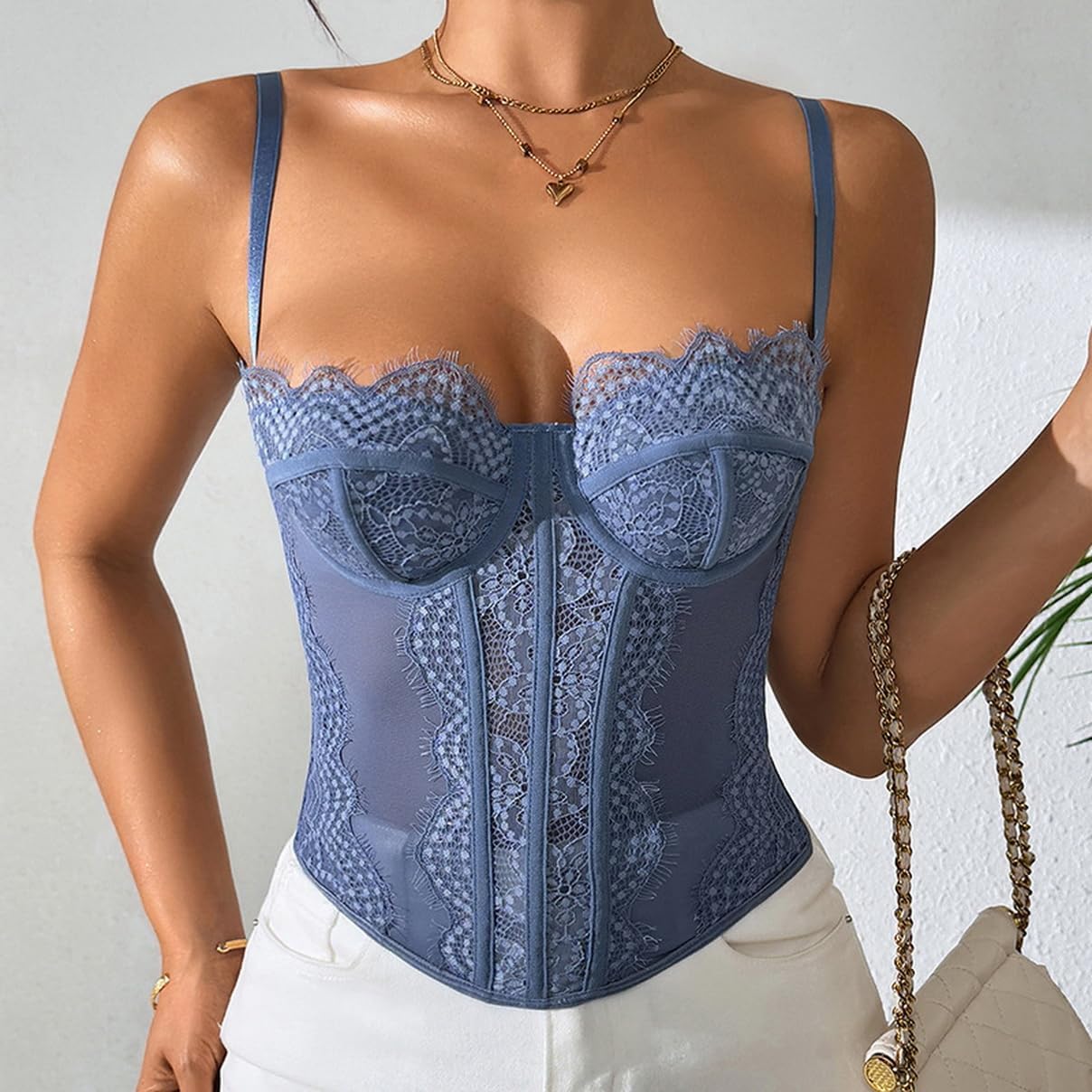Lace Corset Tops for Women Spaghetti Strap Mesh Top with Buckle | Underwire, Push Up, Sheer Floral Lace, Adjustable Detachable Straps, Lightly Lined, Going Out, Date Night Party Club Top