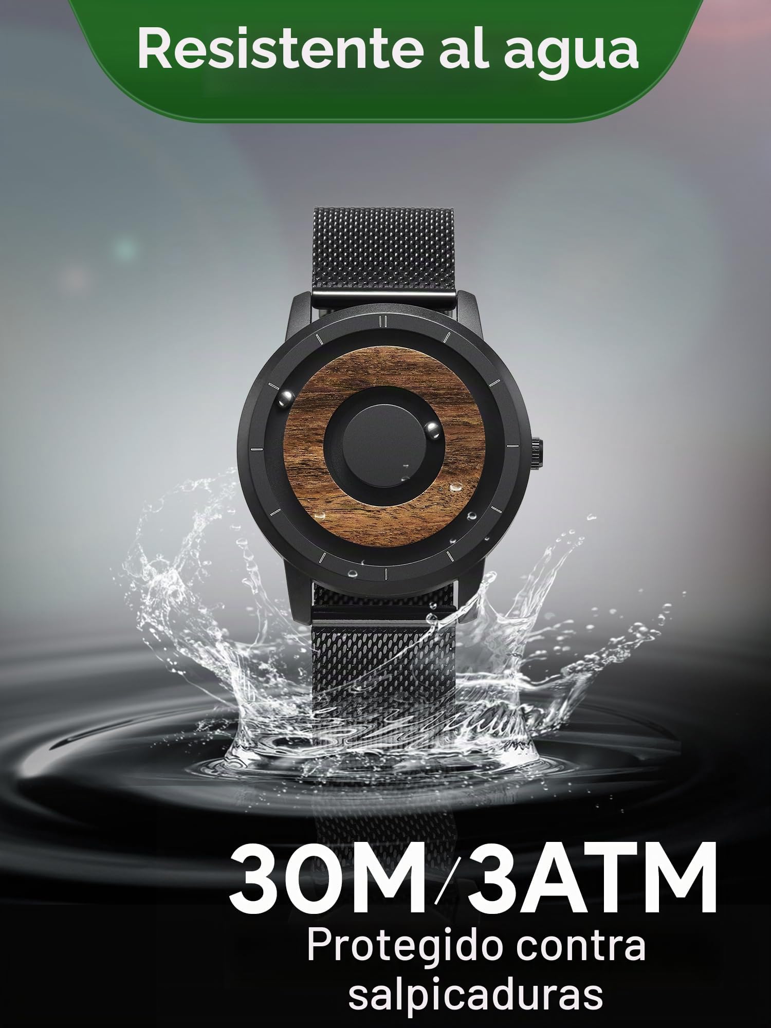 EUTOUR Reloj de Madera para Hombre Magnetico Cuarzo Sin Vidrio Rodamiento de Bolas Relojes de Pulsera para Hombres con Correa de Acero Inoxidable Negro