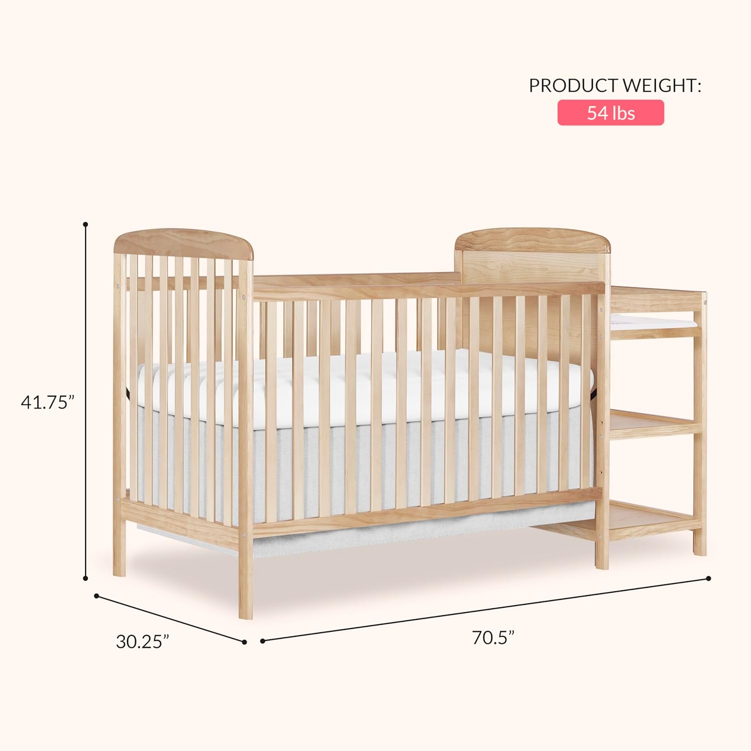 Dream On Me Anna 3-in-1 Convertible Full-Size Baby Crib & Changer with Storage in Natural, GreenGuard Gold & BSA, Pinewood, Converts to Day & Toddler Bed, 3 Mattress Heights, 1″ Changing Pad