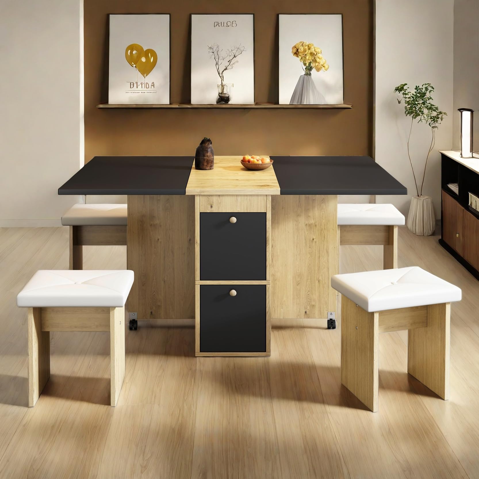 Sapgaks Table de salle à manger extensible 120 x 80 cm avec 4 chaises, pliable, en bois véritable, chêne