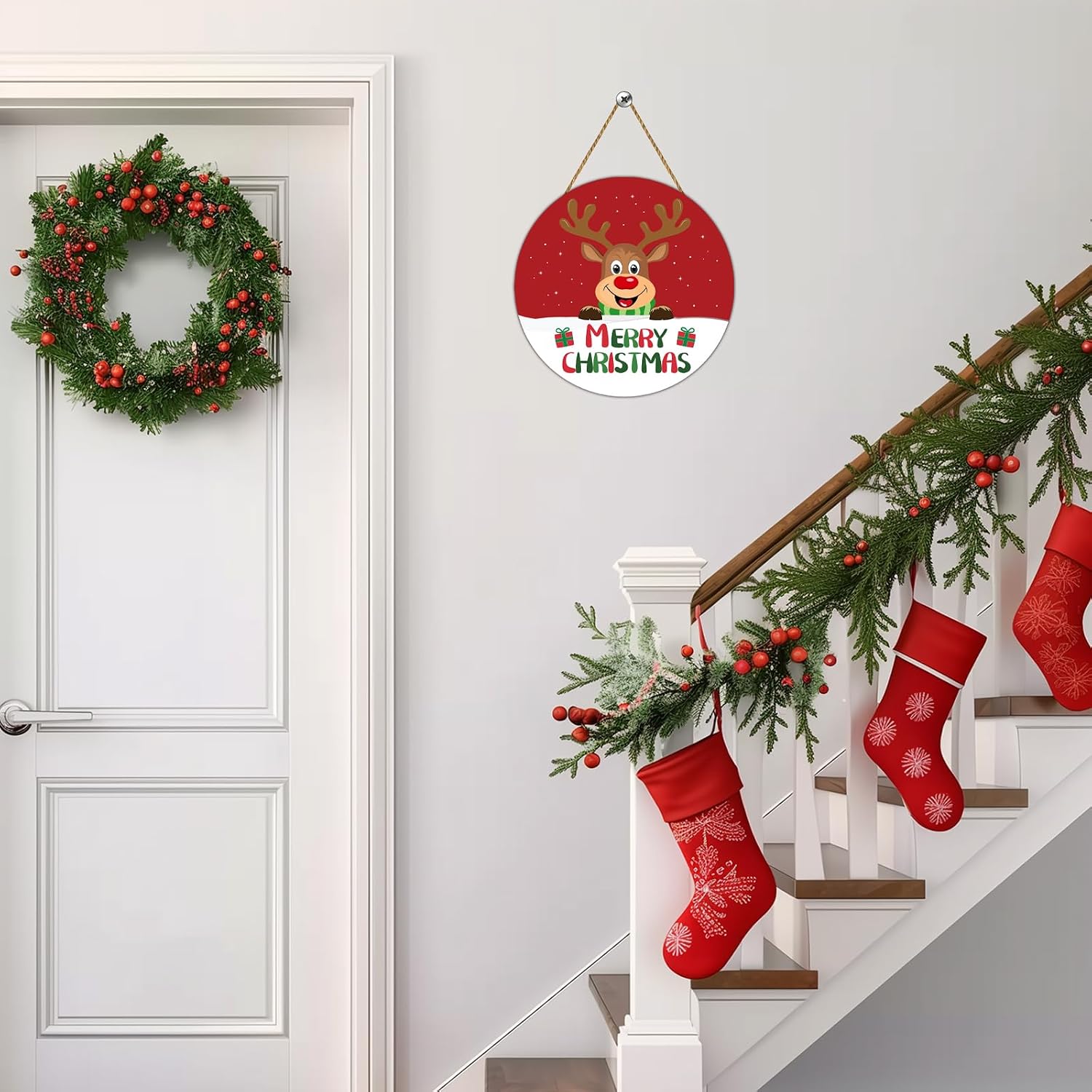 Christmas Door Decorations Merry Christmas Sign Cute Reindeer Wall Decor Wooden Front Door Hanger Reindeer Hanging Sign Wreath for Porch Wall Indoor Home Decor