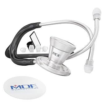 MDF Instruments, ProCardial Cardiology Stethoscope, Stainless Steel, Adult, Dual Head, Black Tube, Silver Chestpiece-Headset, MDF797-11