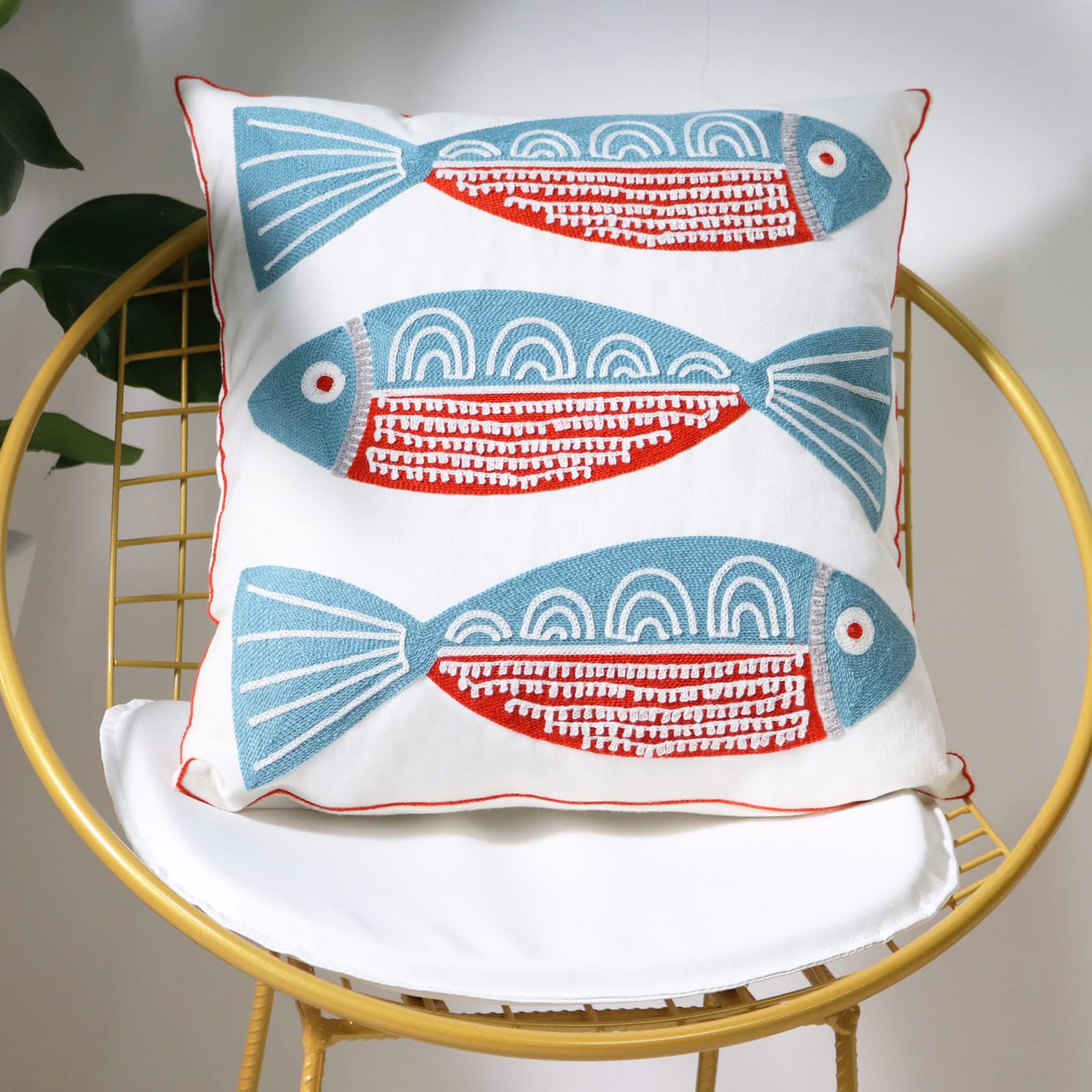 Embroidered Throw Pillow Cover - 18x18 Inch, Cotton, Blue Fish Design, Decorative For Sofa Or Bed