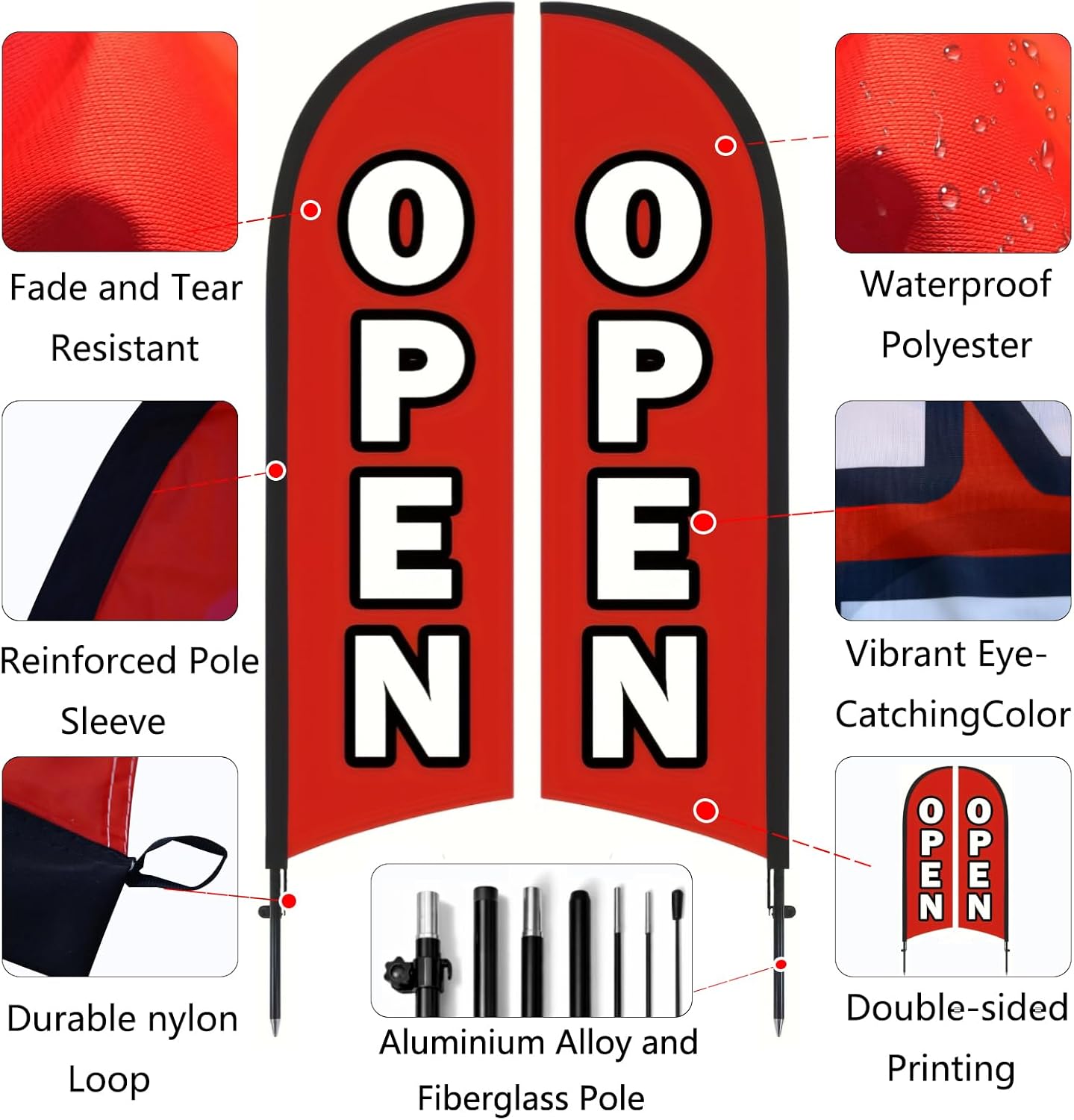 Open Flags for Businesses, 9.18FT Double-Sided Outdoor Advertising Swooper Banner with Pole Kit & Ground Stake – Tear-Resistant Polyester Feather Flag for Shops, Events & Promotions - Image 3