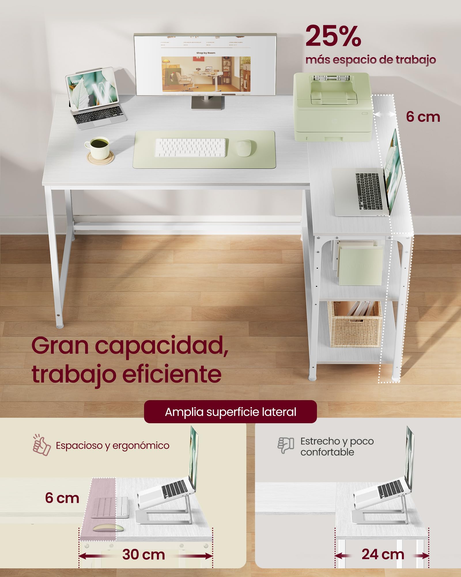 VASAGLE Scrivania Angolare a L, Scrivania Gaming per Computer con Scaffale Reversibile, Ripiano Regolabile in Altezza, per Studio Ufficio, 120 x 80 cm, Bianco Acero LWD136WF01 - 4