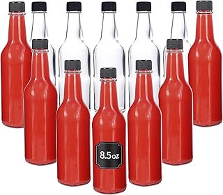Hot Sauce Bottles, Glass Bottles with Lids for Juicing, Homemade Sauce, Olive Oil, 12 pcs, 250ml, 8.5 oz