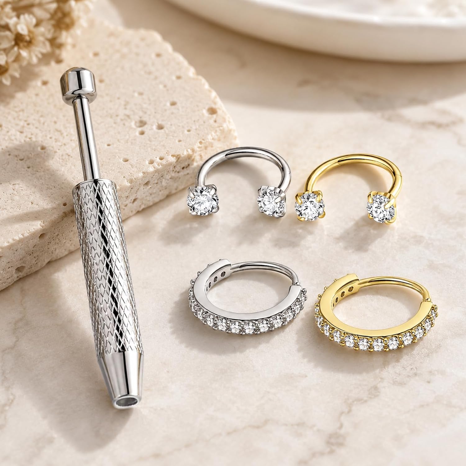 5PCS Horseshoe Nose Ring Set,Double Diamond Nose Hoops,Huggie Hoop Earrings