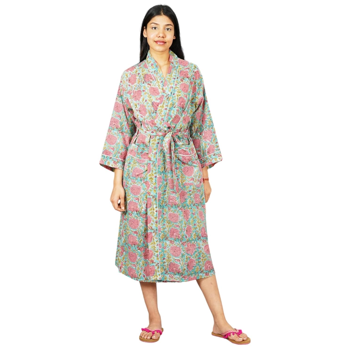 WELLNOW Hand Block Print Cotton Kimono Bathrobe | Handmade Dressing ...