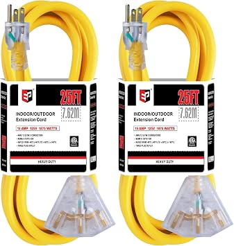 EP 25 Ft Outdoor Extension Cord,12/3 SJTW,3 Electrical Power Outlets,Yellow | 2PK 12 Gauge Heavy Duty Lighted Power Cord 15A 125V 1875W,3 Outlet,Weatherproof,ETL Listed
