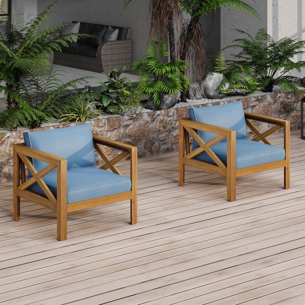 Outdoor Patio Conversation Set with Cushioned Armchairs and Matching Side Table, Acacia Wood Construction for Backyard, Lawn or Balcony Use (Blue + Teak + Acacia Wood + Fabric + Waterproof Fabric-2)