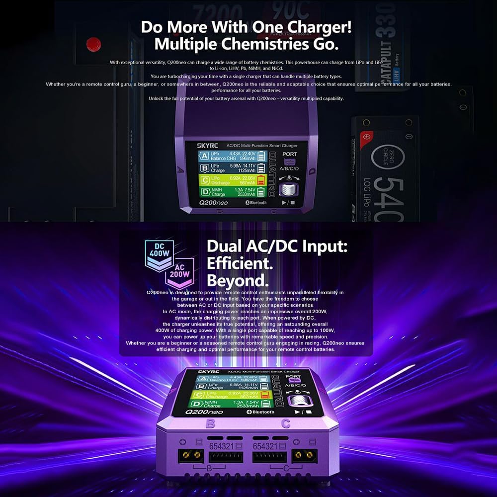 GoolRC Q200neo AC/DC Multi-Function Smart Charger, Lipo Battery Balance Charger Discharger AC 200W DC 400W 10A for 1-6S LiPo/Life/LiIon/LiHV, 2-15S NiMH/NiCd, 3S/6S/12S Pb Batteries