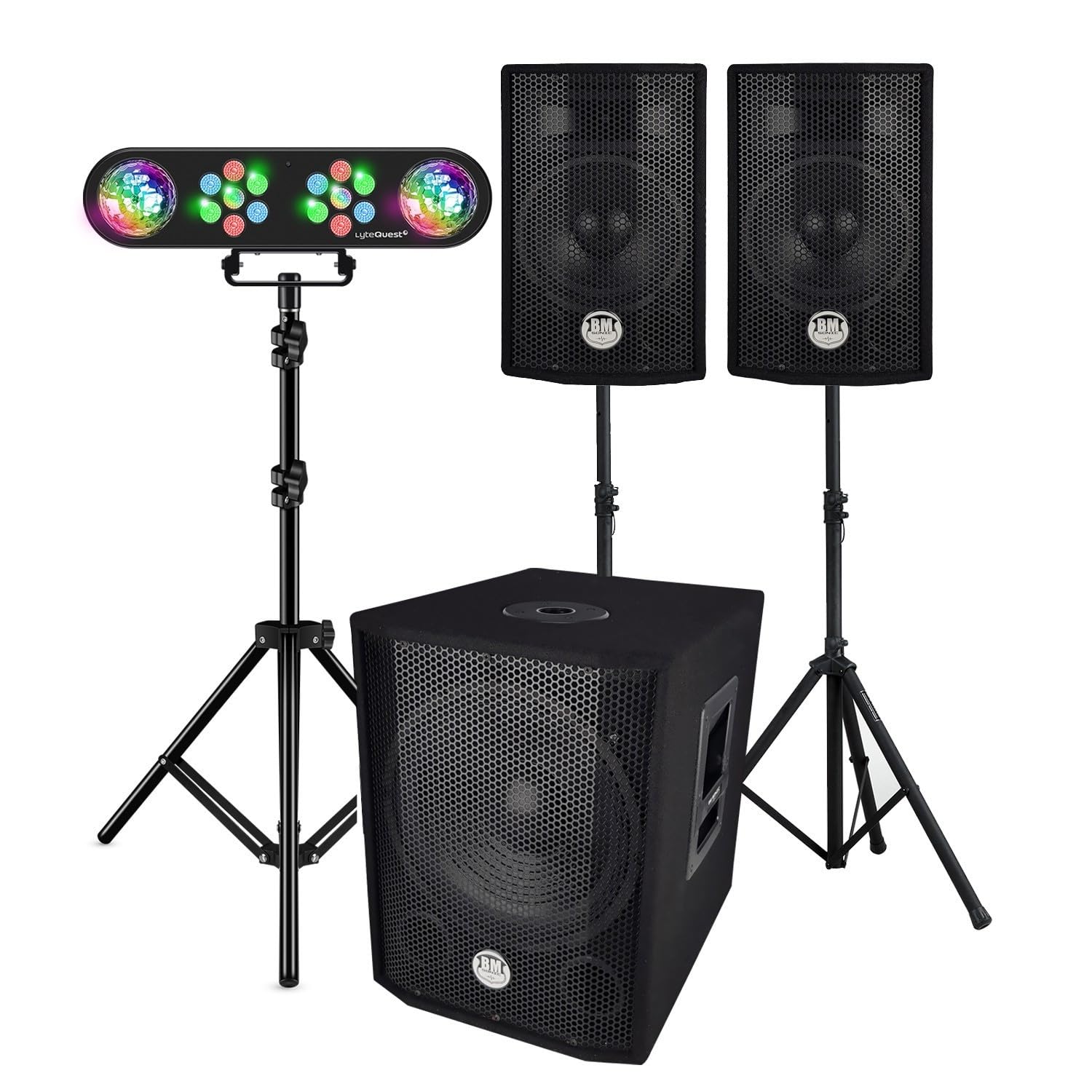 Pack Sono Complet BMS1208, Caisson bi-amplifié, 1000W, USB Bluetooth, 30cm, Satellites, câbles, Portique Lumières, LyteQuest