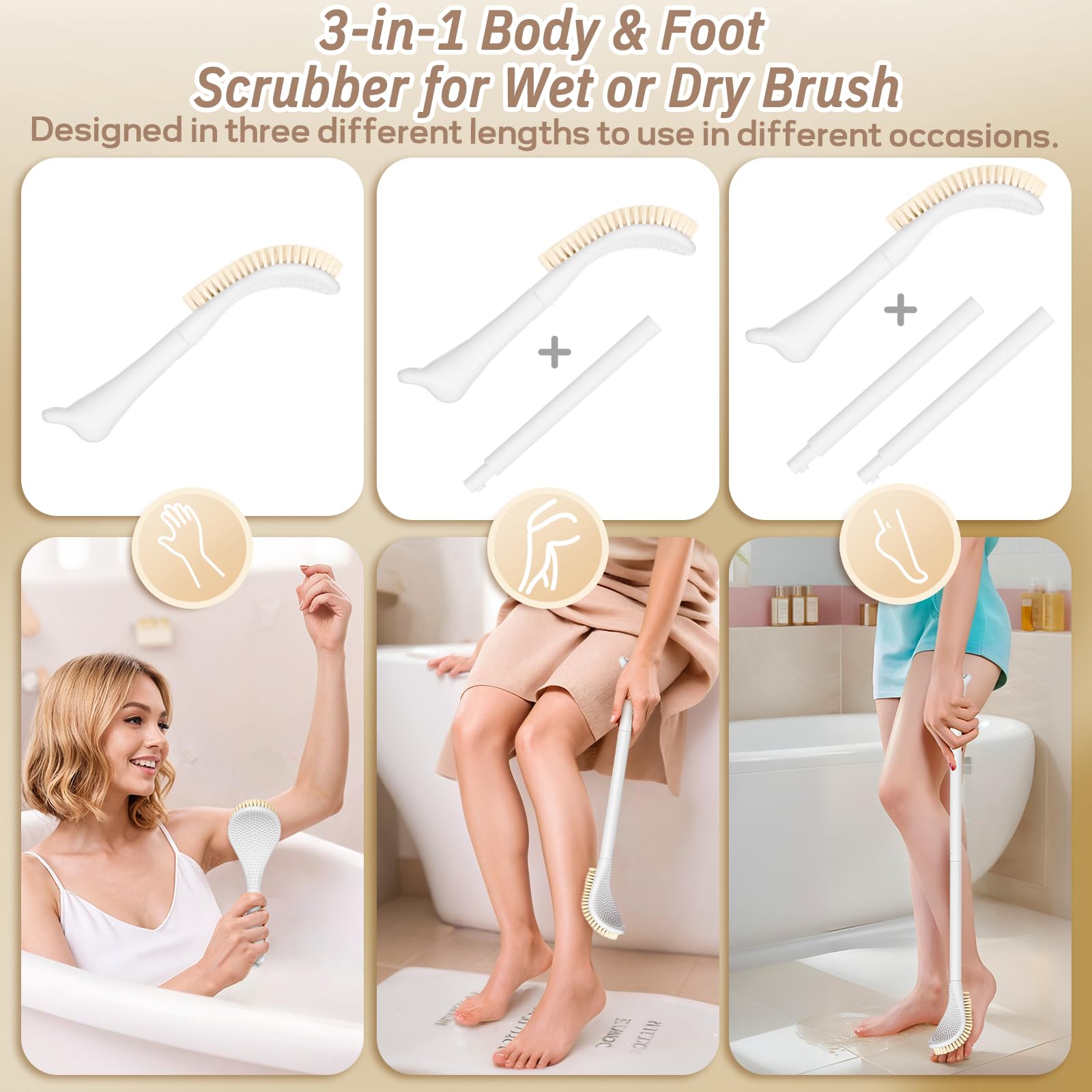 Cepillo de pies para ducha, limpiador de pies 3 en 1 para ducha, cepillo de limpieza de pies de mango largo ajustable de 10.2 a 27.5 pulgadas para personas mayores, embarazadas, discapacitadas,