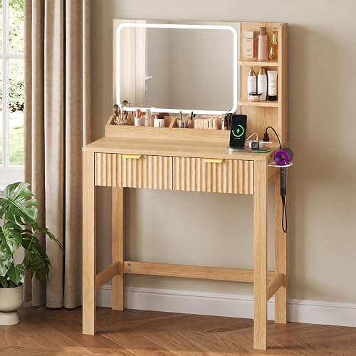 Fluted Vanity Desk with Mirror and Lights, 30.7" Small Makeup Vanity, Oak