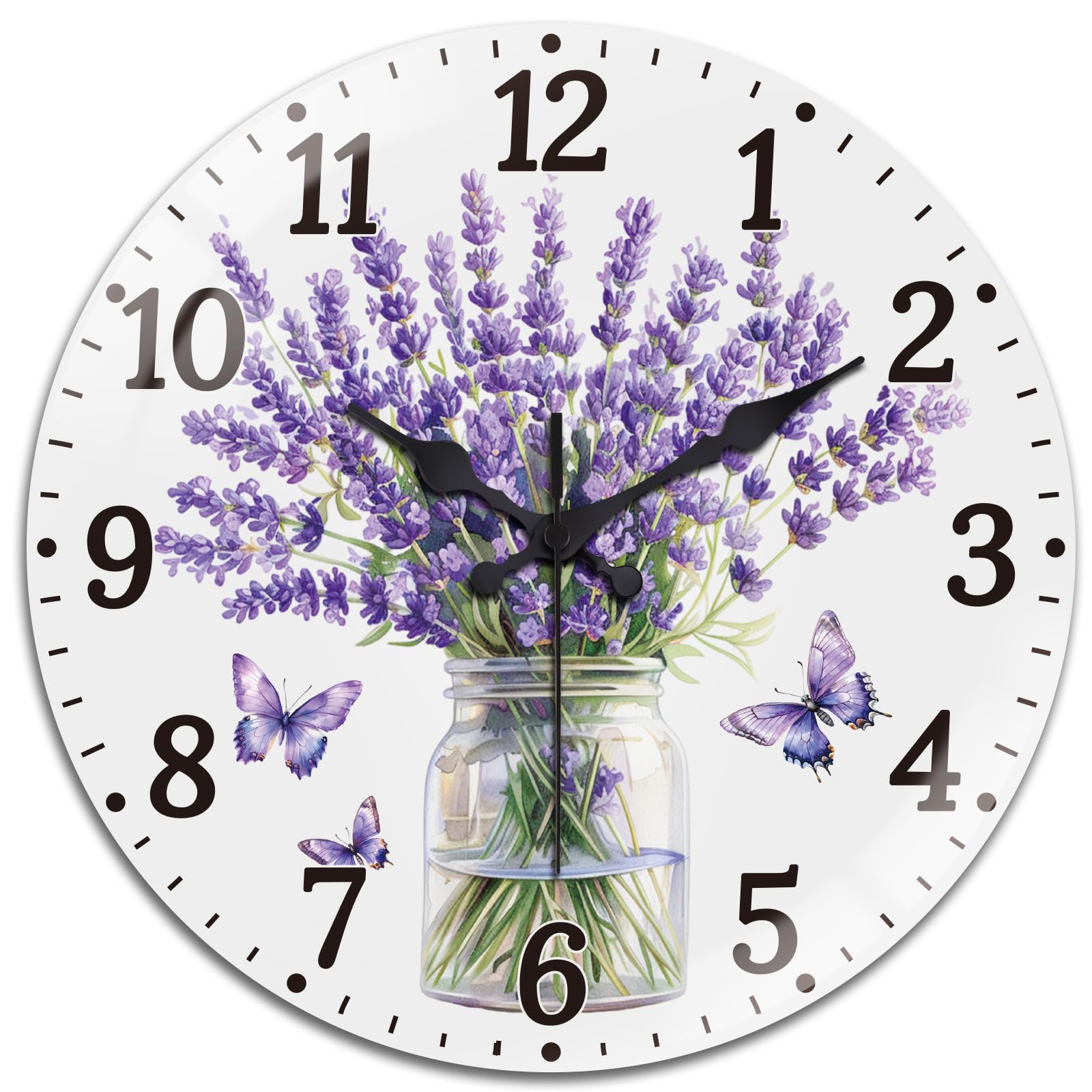 peacoblue Wall Clocks Battery Operated Lavender with Butterflies 12" Glass Round Wall Clock Non Ticking for Kitchen Living Dining Room Bedroom and Bathroom Decor Accessories (battery not included)