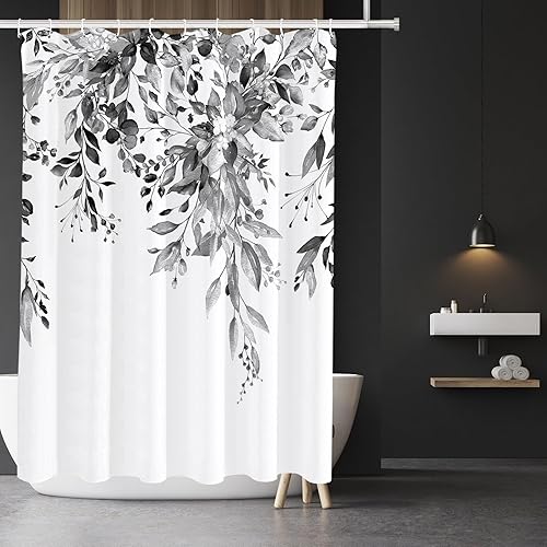 Tititex - Juego de cortinas de regadera de eucalipto negro, hojas grises de acuarela en la parte superior, decoración floral de baño, 60 x 72