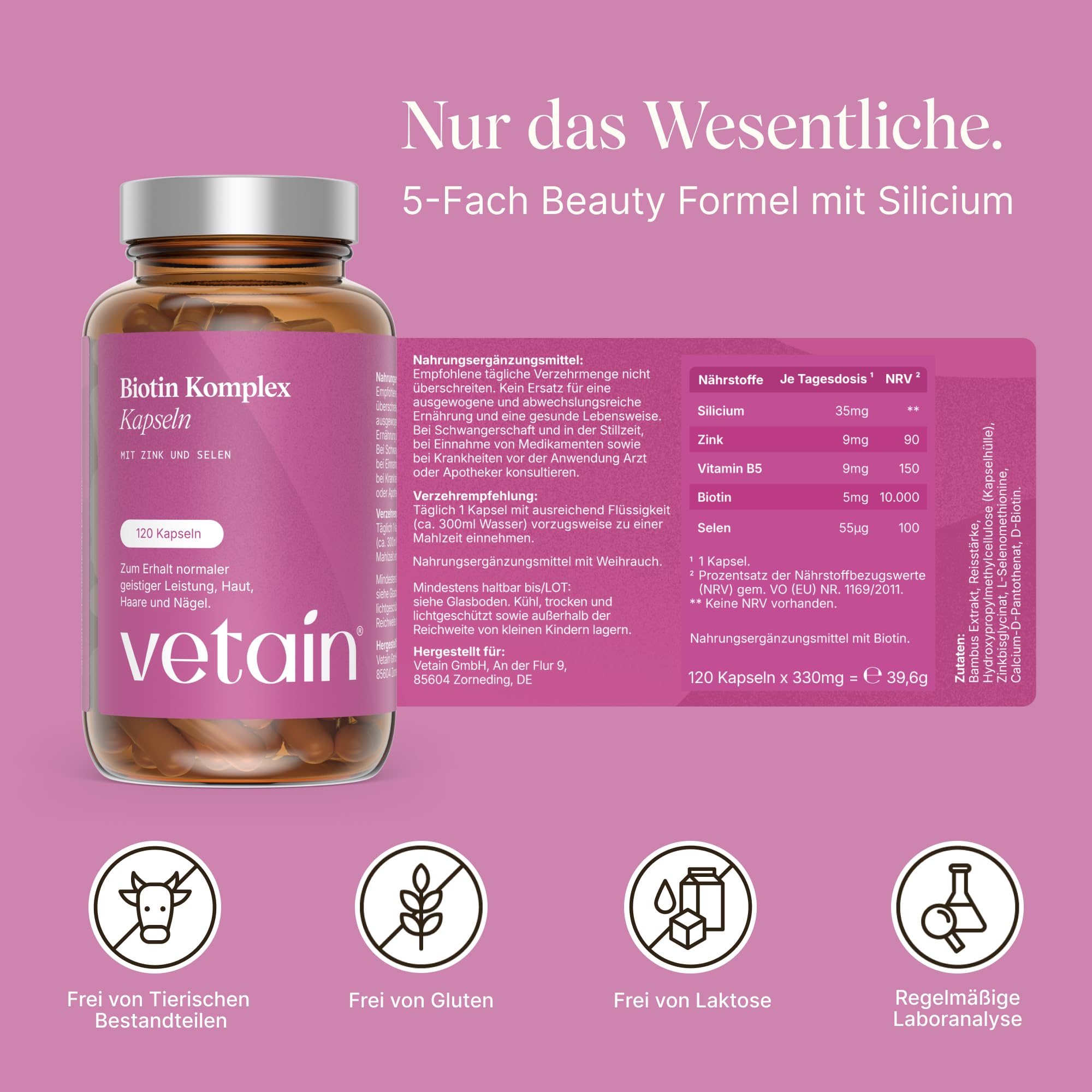 VETAIN Biotin Zink Selen Komplex - Mit Silizium & Vitamin B5-120 Kapseln - hochdosiert mit 5.000µg Biotin - Für Haare, Haut & Nägel - vegan & ohne Magnesiumstearat - 2er Set