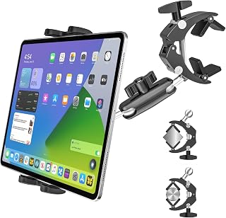 Clamp Tablet Holder & iPad Clip for Square and Round Tubes, Heavy Duty Metal Tablet Mount for Golf Carts, Tractor, Excavator, Bulldozer, Loader, Crane, Forklift, Boat, Fit for 4-13" Devices