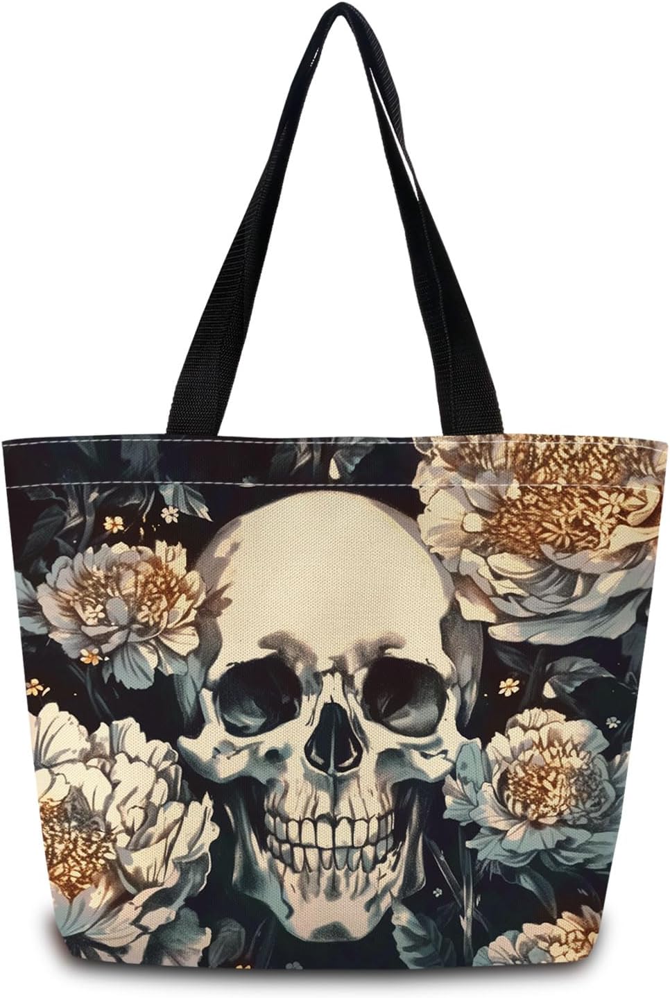 Floral Skull Tote Bag Reusable Grocery Bags Cute Aesthetic Shopping Shoulder Handbag with Interior Zipper Pocket Lightweight & Washable Stylish White Floral Skull Present for Women