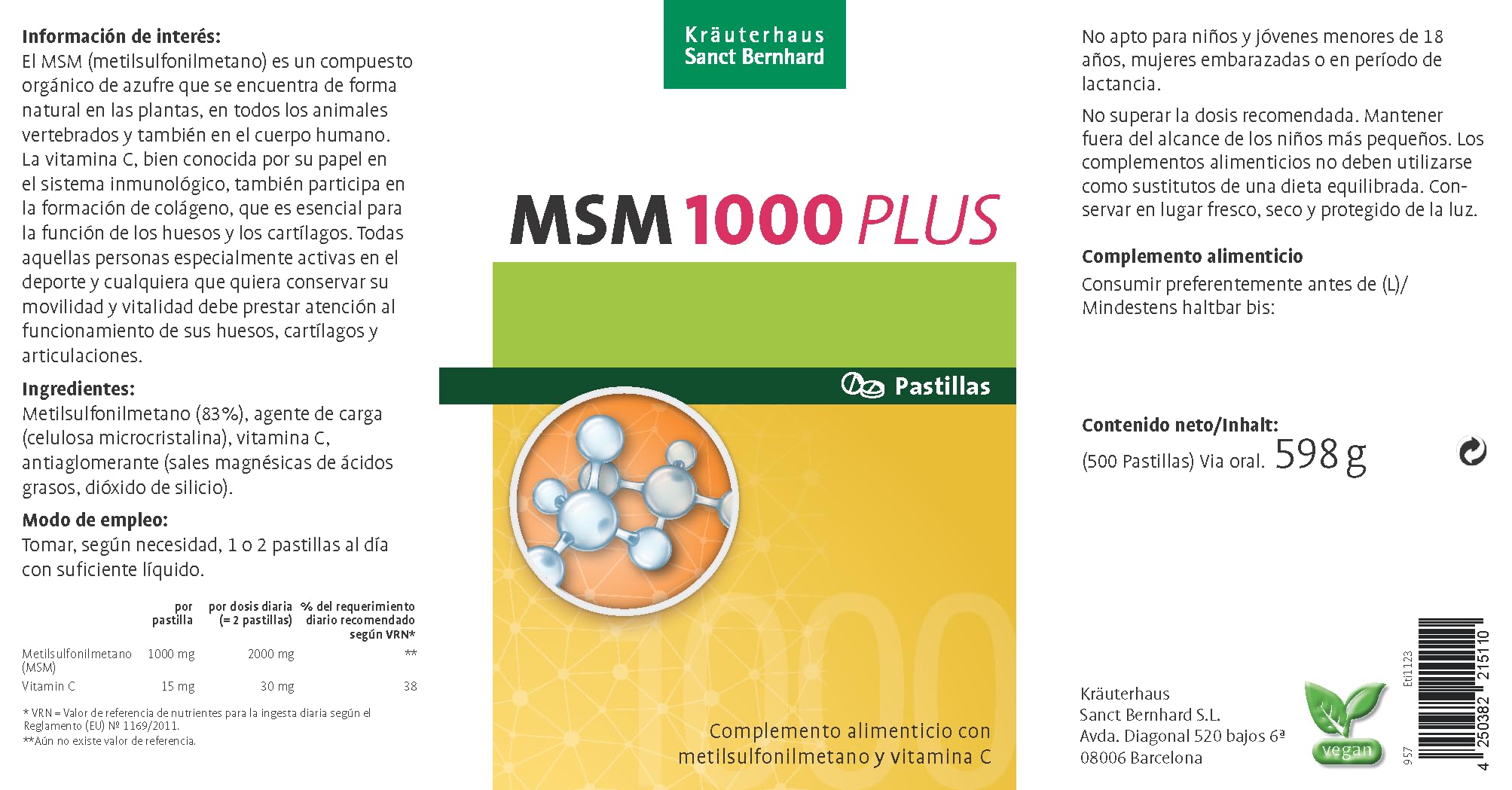 MSM 1000mg Plus Vitamina C - 500 Pastillas para hasta 500 días, apto para veganos