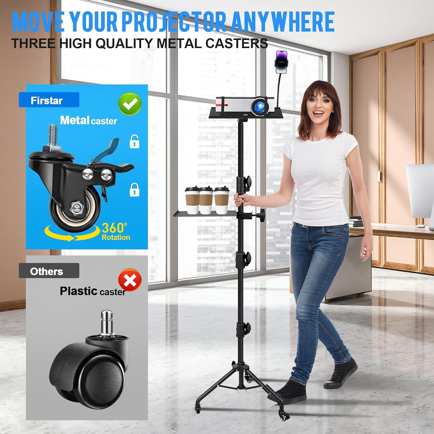 Projector Stand Tripod with 2 Shelves, Laptop Floor Stand with Casters,Projector Stand Adjustable Height 28.7 to 65 Inch with Phone Holder and Mouse Tray, Tripod Stand for Office, Home, DJ, Outdoor