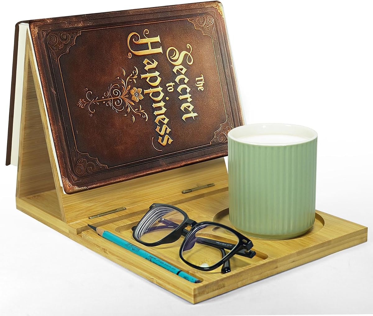 ZenRich - Soporte para libros de madera de bambú, exclusivo valet de lectura para libros con taza, gafas y soporte para bolígrafo/tableta/Kindle. Marcapáginas plegable - Ideal para enamorados