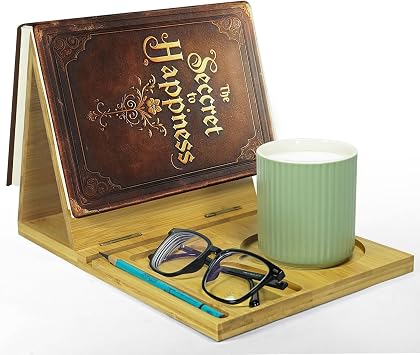 ZenRich Bamboo Wooden Book Stand Holder - Unique Book Nook Reading Valet with Cup, Glasses & Pen/Tablet/Kindle Holder. Foldable Bookmark - Ideal for Lovers