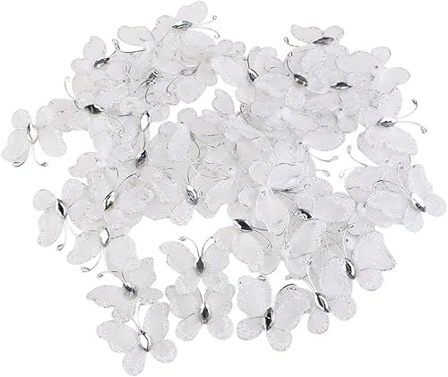 OULII Alambre de malla transparente con purpurina y mariposa paquete de 50 unidades blanco