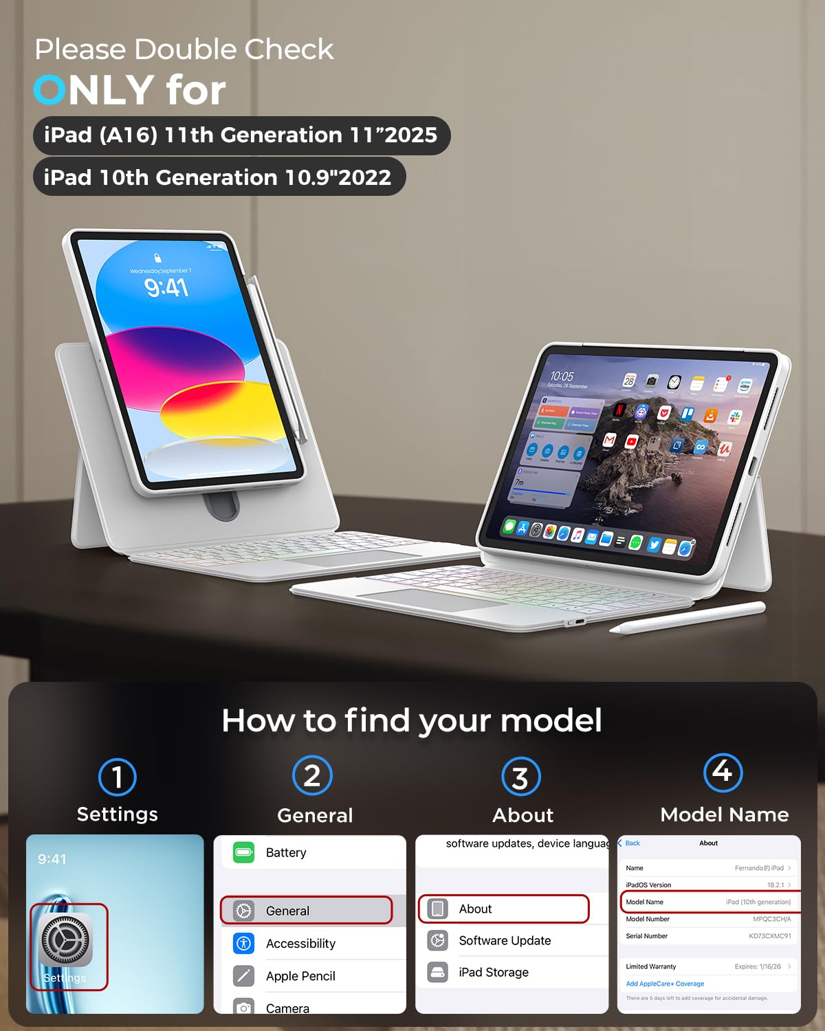 AVOAR Etui na klawiaturę do iPada A16 11. / 10. generacji (27,9 cm (11") 2025 i 11 cali 2022), 7-kolorowe podświetlenie tła i Multi-Touch Trackpad, przezroczyste, magnetyczne, zdejmowane