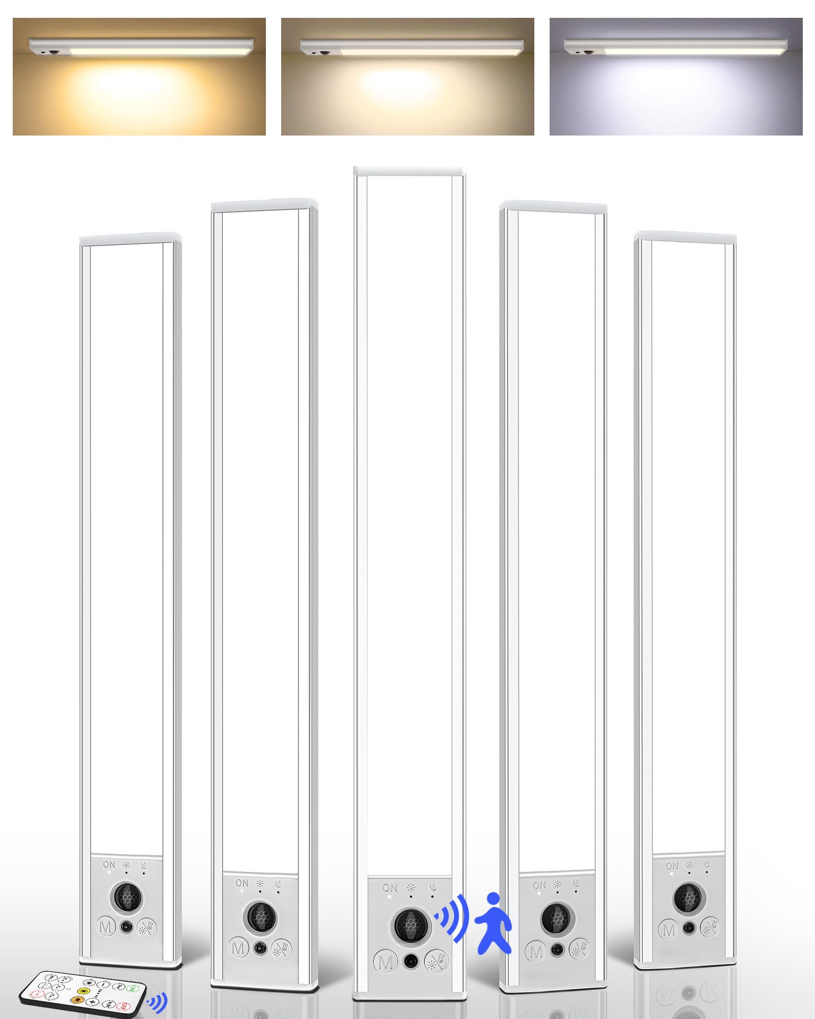 EZVALO 5-Pack Under Cabinet Lighting, 4000mAh Rechargeable Motion Sensor Light, 16.5inch Magnetic Closet Lights with Dimmable & 3 Color Temps, Wireless Motion Activated Lights with Remote for Kitchen