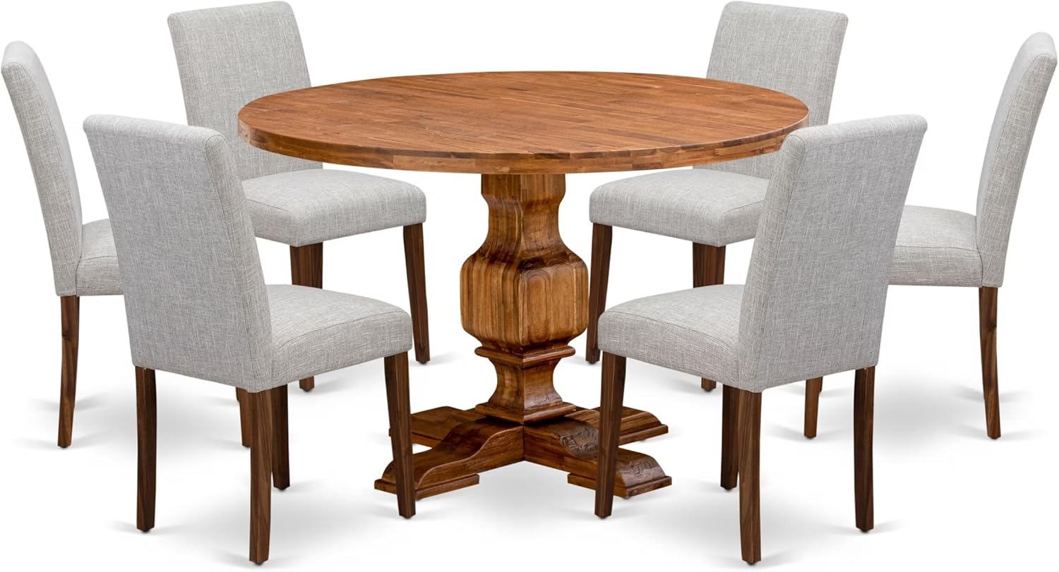 East West Furniture I3AB7-N35 7 Piece Dining Set Consist of a Round Dining Room Table with Pedestal and 6 Doeskin Linen Fabric Upholstered Parson Chairs, 48x48 Inch, Antique Walnut