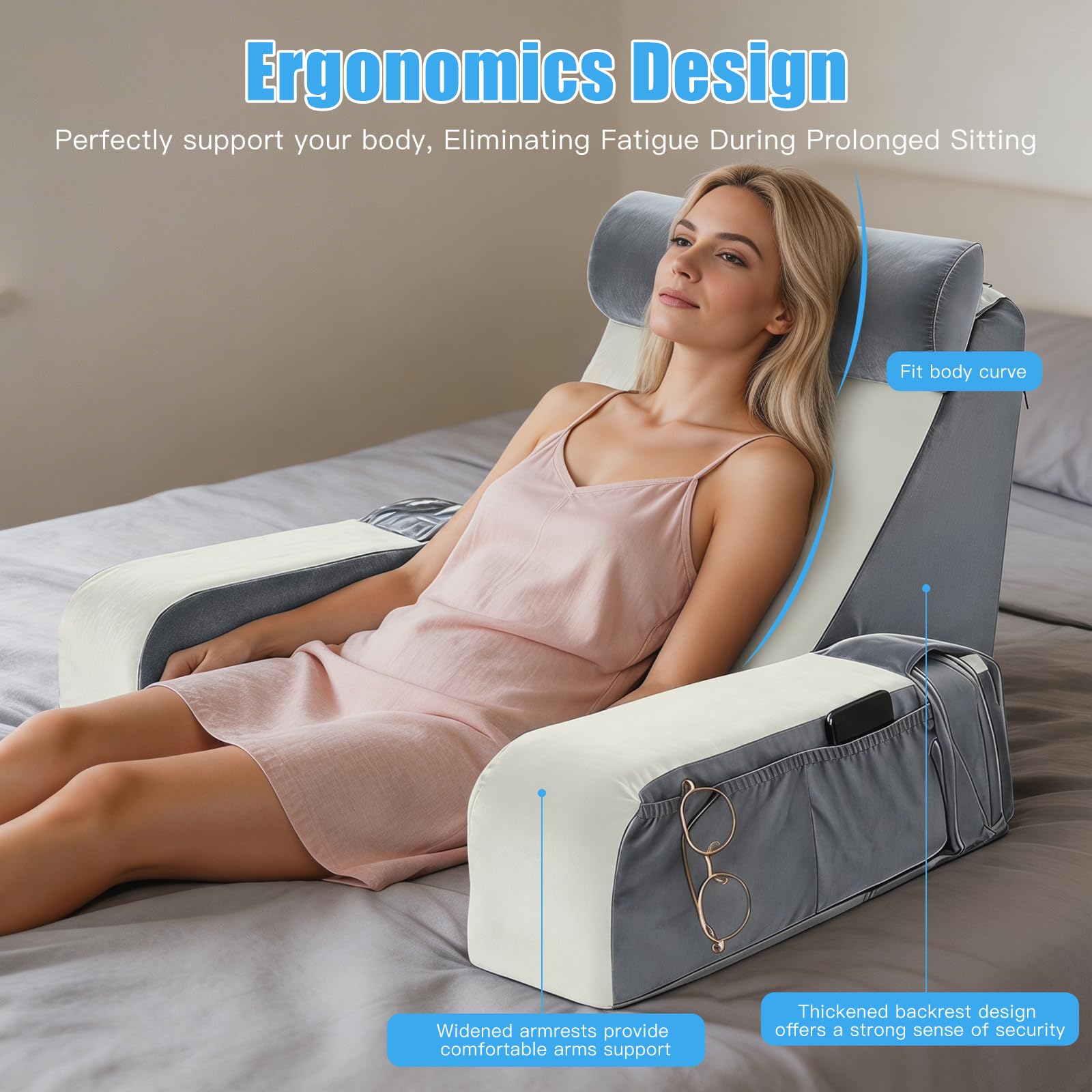 Lesekissen für Bett und Sofa, Rückenkissen Bett mit Abnehmbarer Nackenrolle & Armlehne, Lesekissen mit Rückenlehne, Kissenrückenlehne, Wandkissen Multifunktions-Keilkissen zum Lesen (Grau+weiß)