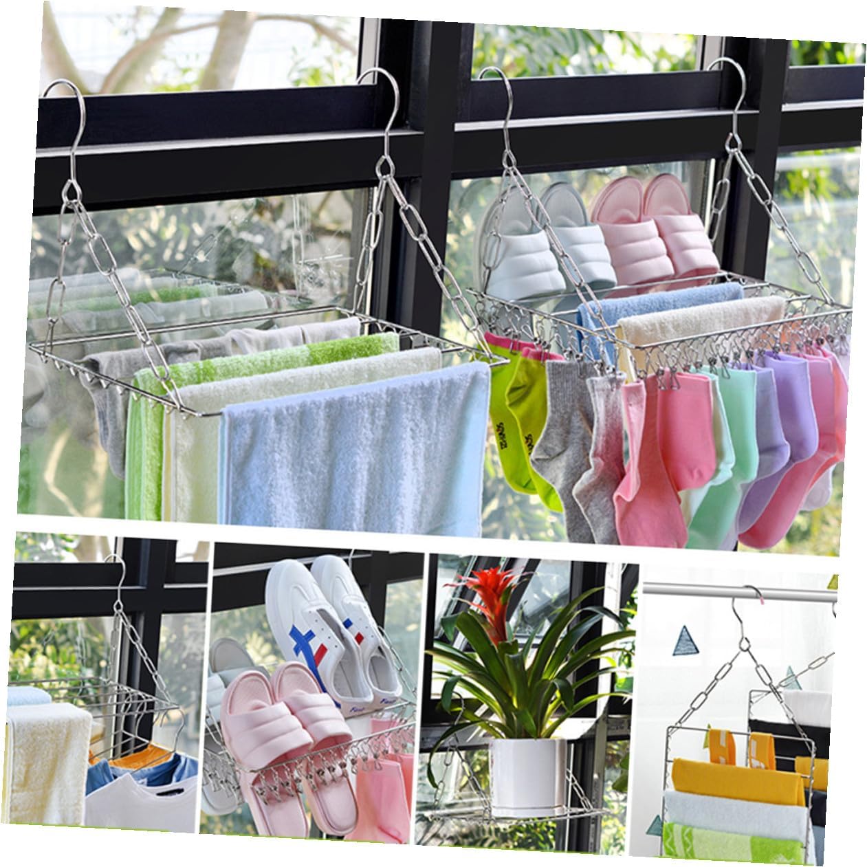 MAGICLULU Stainless Steel Balcony Drying Rack 45-arm Multifunctional Socks and Pants Hanger with Clips Windproof Laundry Organizer for Indoor Outdoor Use