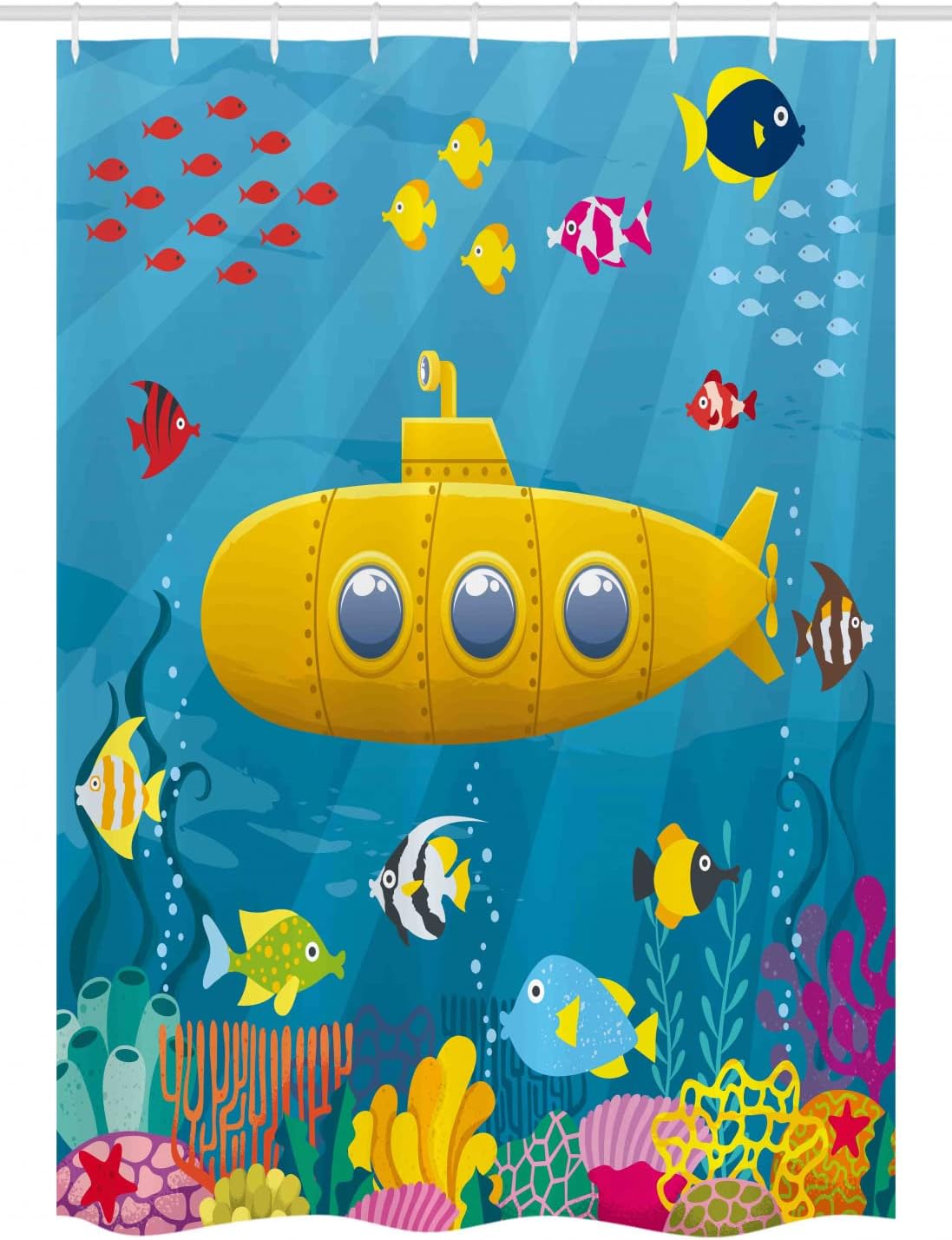 Ambesonne Yellow Submarine Stall Shower Curtain, Coral Reef Colorful Fish Ocean Life Marine Creatures Tropic, Fabric Bathroom Decor Set with Hooks, 54" W x 78" L, Blue Yellow Pink