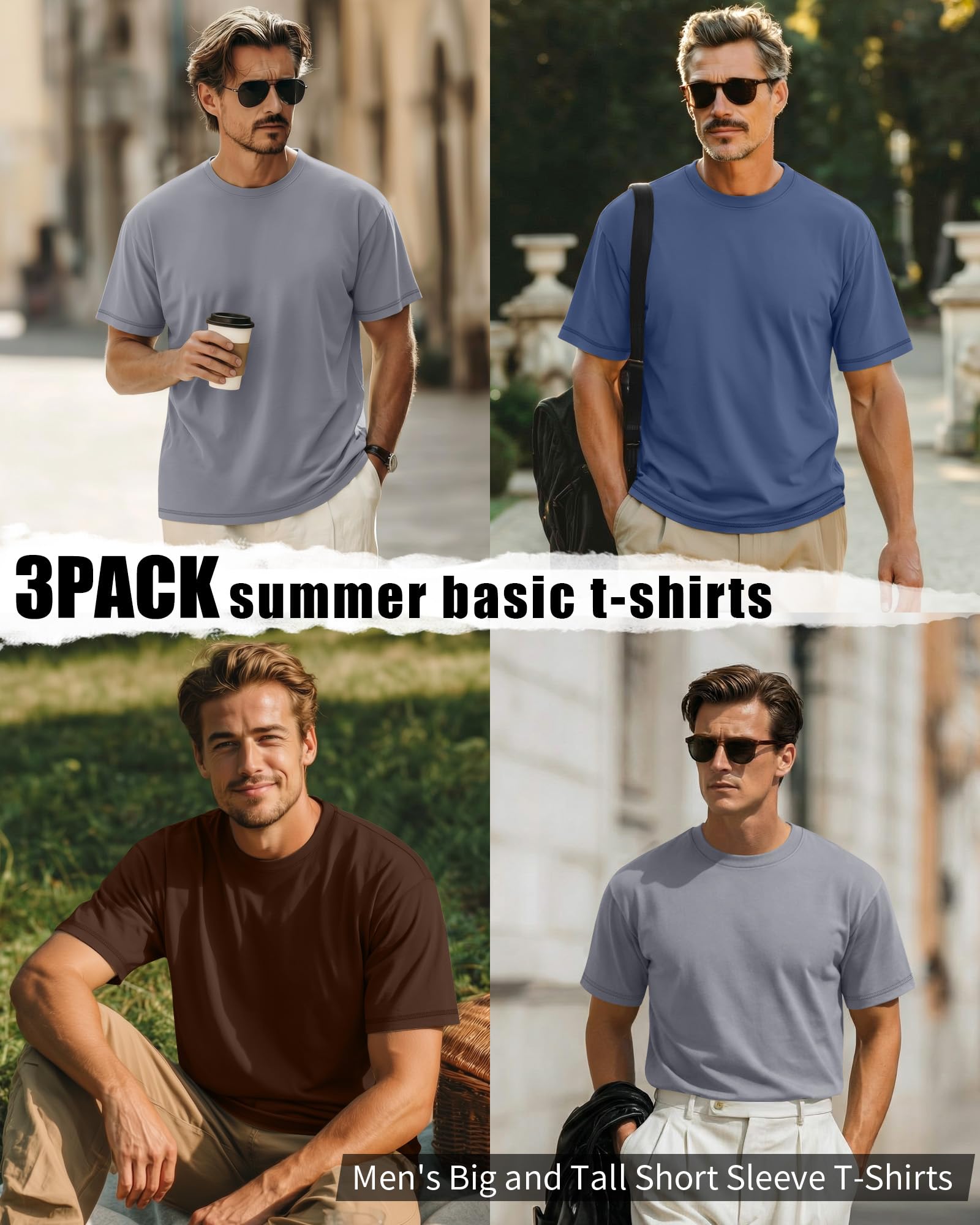 Neer Paquete de 3 Camisetas para Hombre de Tallas Grandes (L-7XL) Manga Corta Cuello Redondo Camisetas básicas de Verano