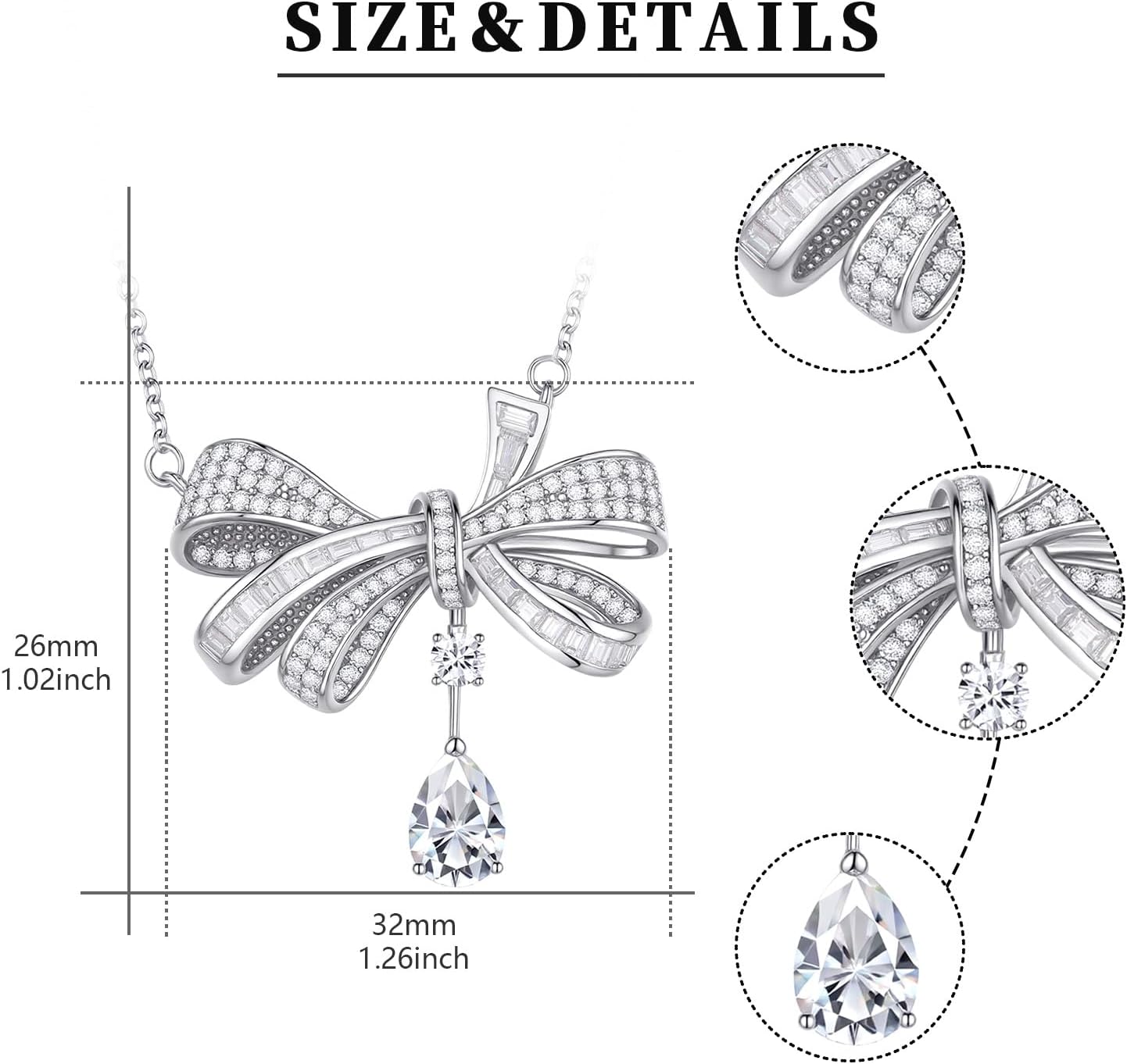 Moissanite Bow Necklace for Women D Color VVS1 Lab-Created Brilliance 925 Sterling Silver Ribbon Bowknot Pendant with Teardrop Dangle Romantic Sparkly Jewelry Gift for Anniversary Birthday 16"+2" - Image 4