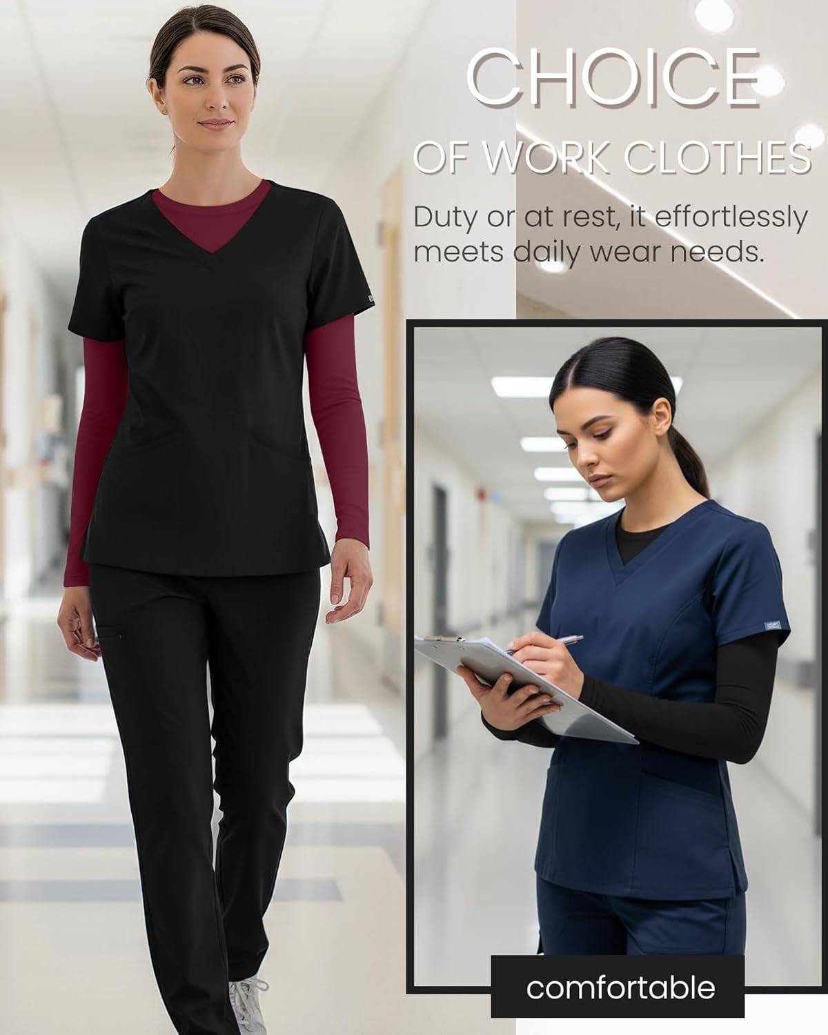 5 Pack Womens Underscrub Long Sleeve Shirts Slim Fit Crew Neck Tops Basic for Nurse with Soft Fabric