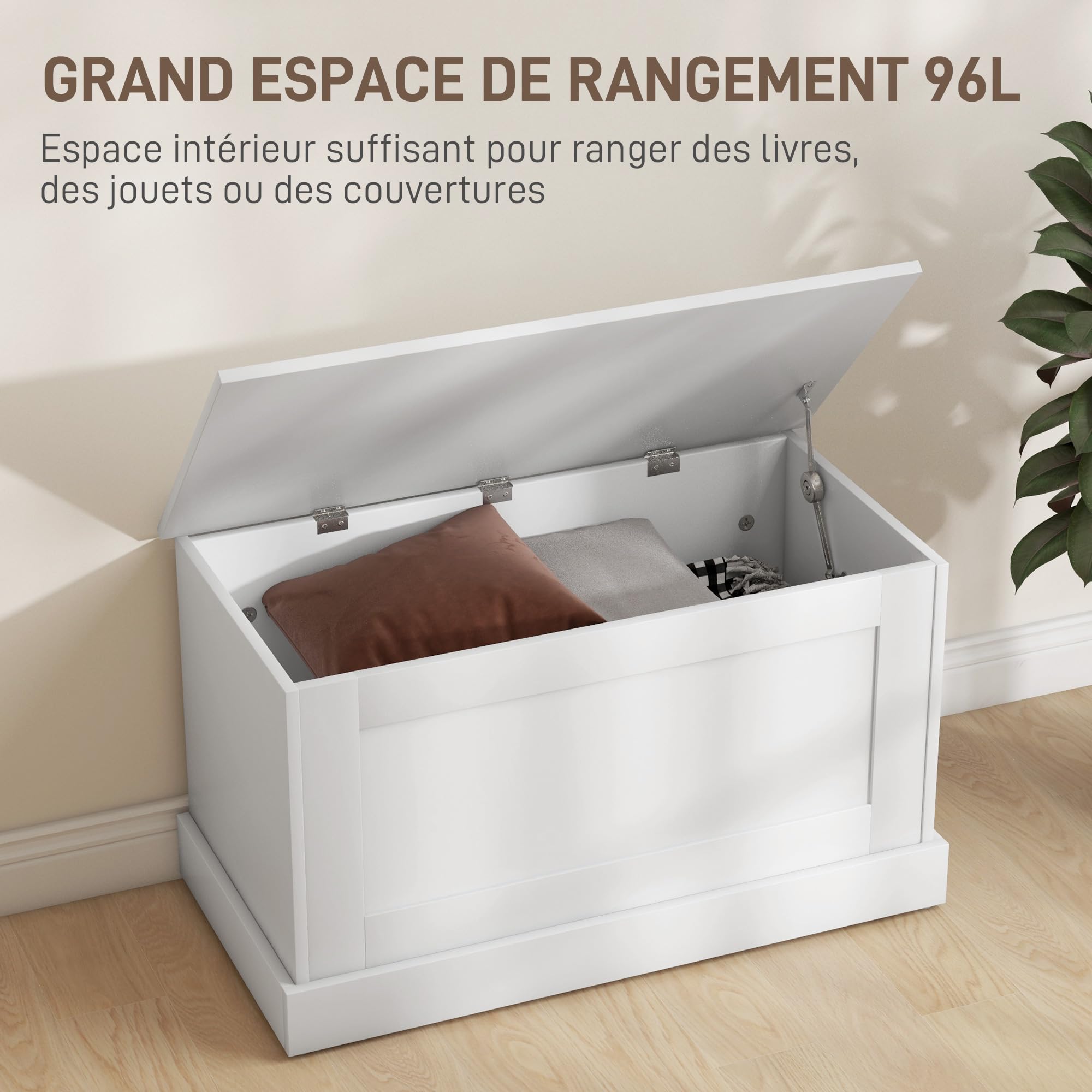 HOMCOM Coffre de Rangement, Coffre à Jouets en Bois, avec charnière de sécurité, pour Salon, entrée, 80 x 40 x 45 cm, Blanc